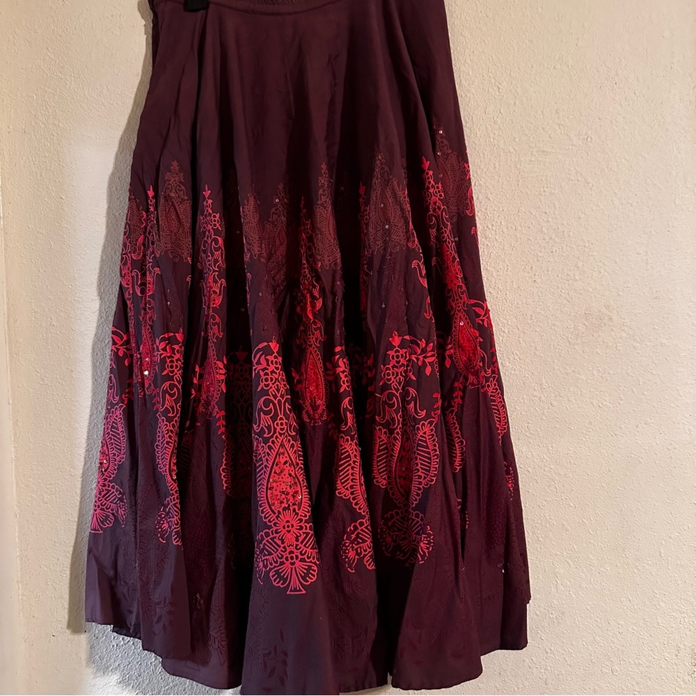 Coldwater Creek brown fraille long skirt with orange flower print and sequins.